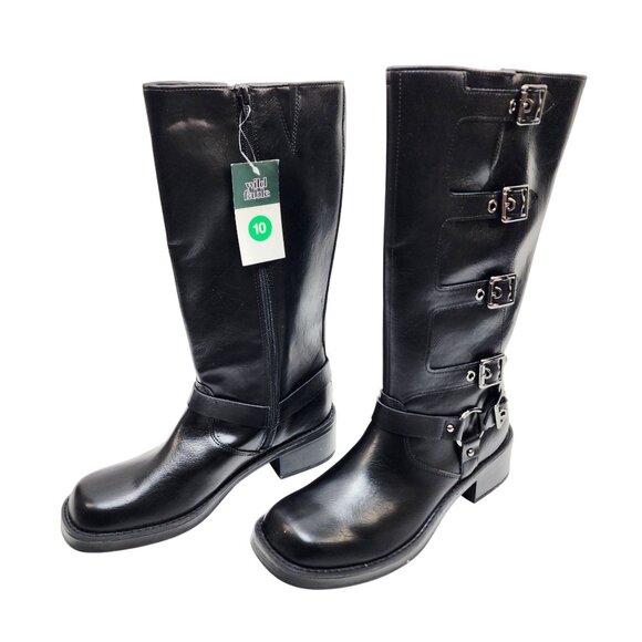 Wild Table Black Leather Knee-High Boot Side Buckles Zipper Closure Women SZ 10 - Picture 4 of 7